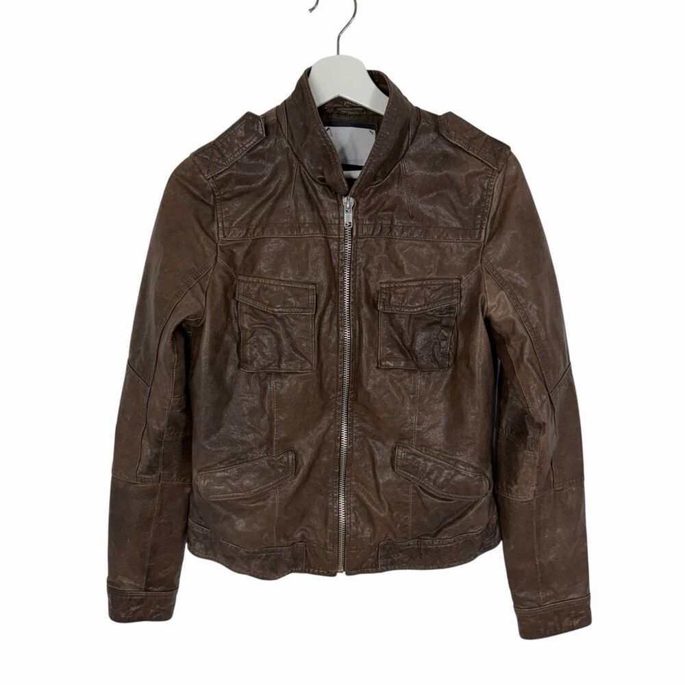 Q40 Leather Crinkle Moto Jacket Brown Medium Full Zip Linked Flap & Snap Pockets